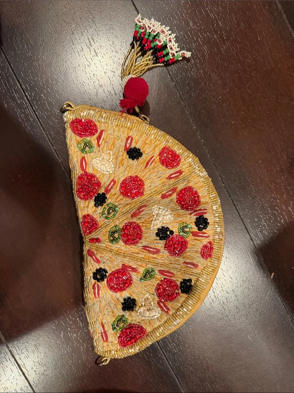 Zara pizza Beaded Half-Moon Clutch in Gold with Red, Black and Green Accents